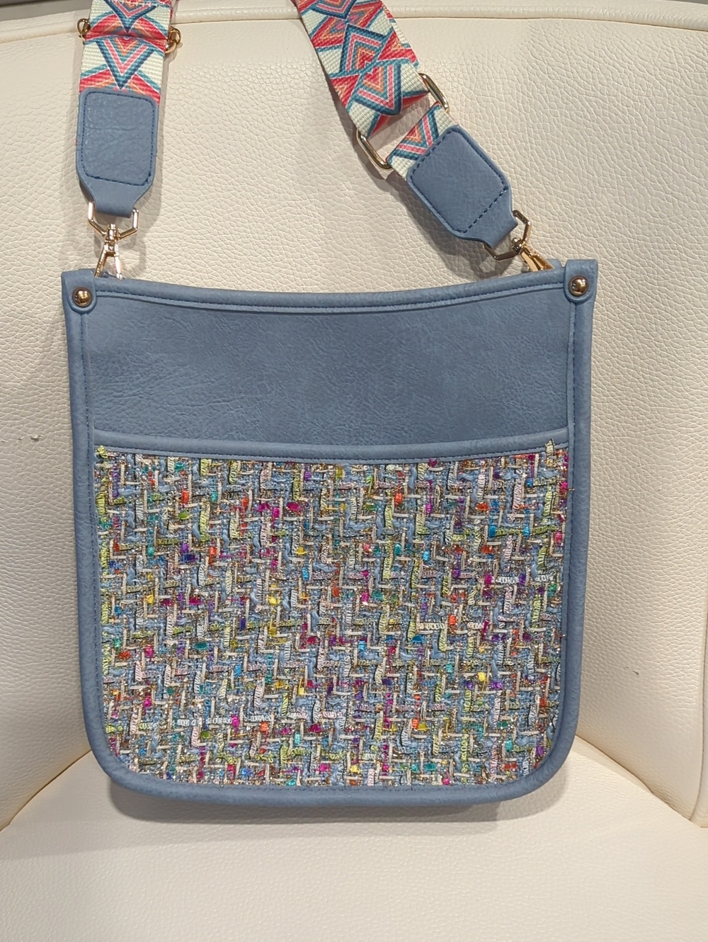 Montana West Light Blue Crossbody with Multicolor Tweed Front